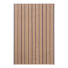 Beige towel with navy blue vertical stripes, offering a stylish and modern design for any bathroom.