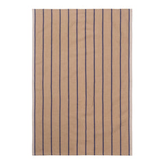 Beige towel with navy blue vertical stripes, offering a stylish and modern design for any bathroom.