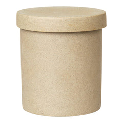 Beige cylindrical container with a smooth, matte finish and a matching lid, featuring a simple, minimalistic design.