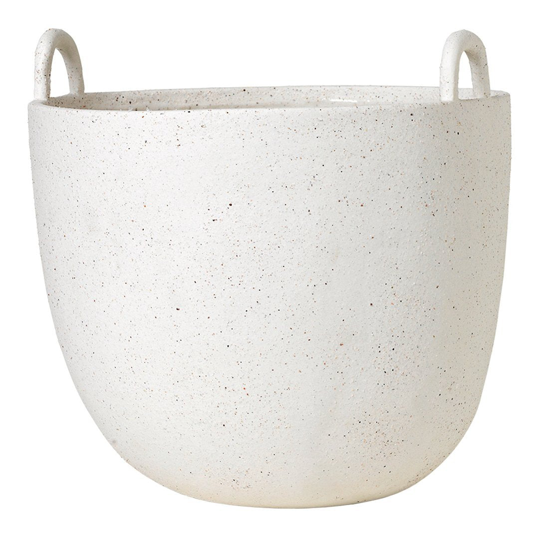 White speckled ceramic planter with a smooth finish and loop handles. Ideal for indoor or outdoor use.
