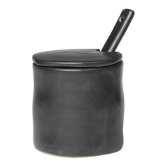 Black ceramic container with a smooth finish and a matching lid, featuring a sleek handle.
