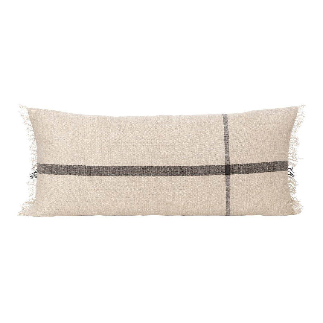 Light beige lumbar pillow with a dark gray stripe and fringed edges, perfect for adding texture to your decor.