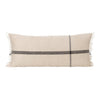 Light beige lumbar pillow with a dark gray stripe and fringed edges, perfect for adding texture to your decor.