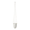 Hanging planter in smooth white finish with minimalist design and natural rope suspension.