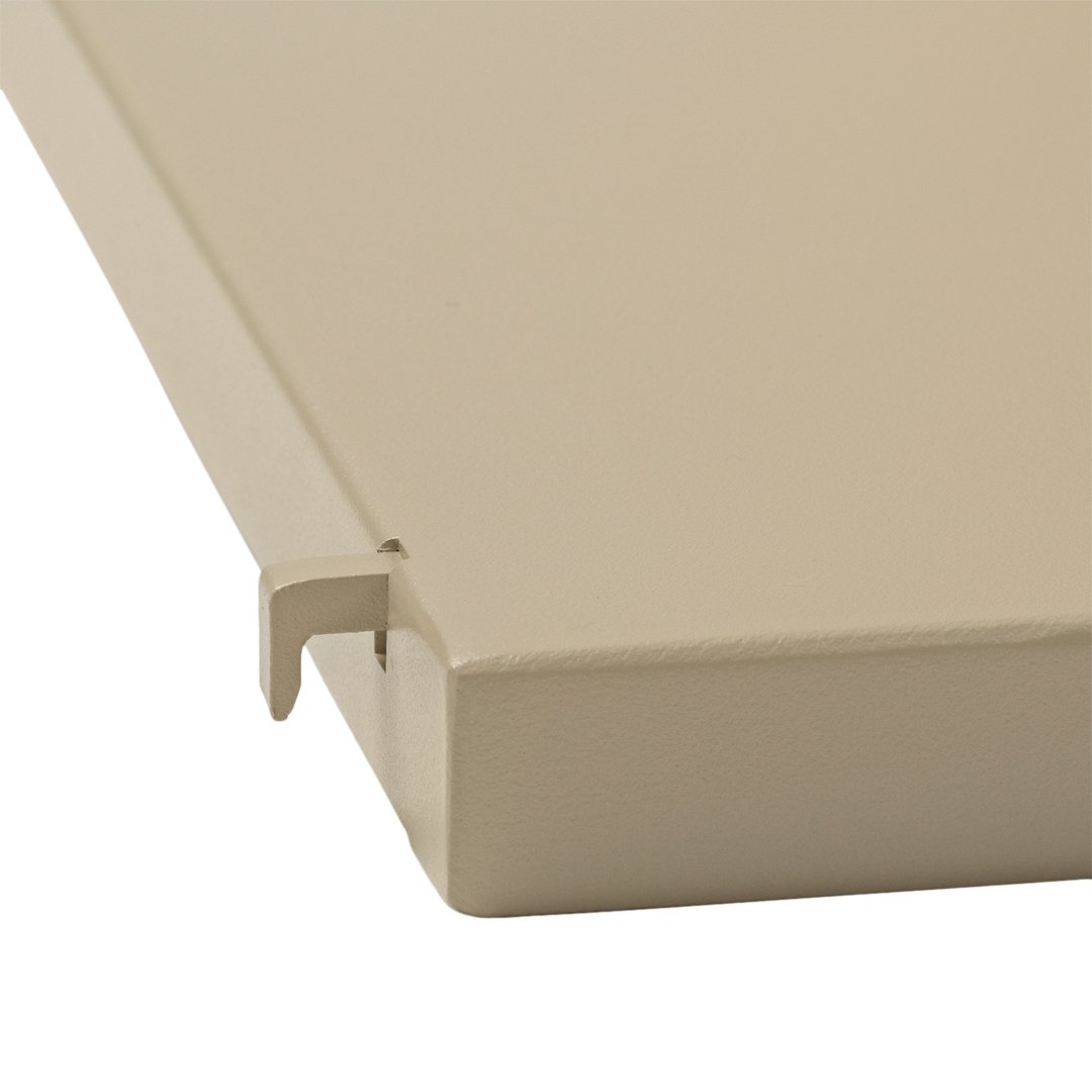 Beige metal shelf with a smooth, matte finish and subtle texture.