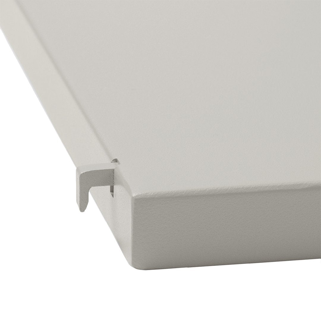 Light gray metal shelf edge with a clean, smooth finish, featuring a subtle matte texture.