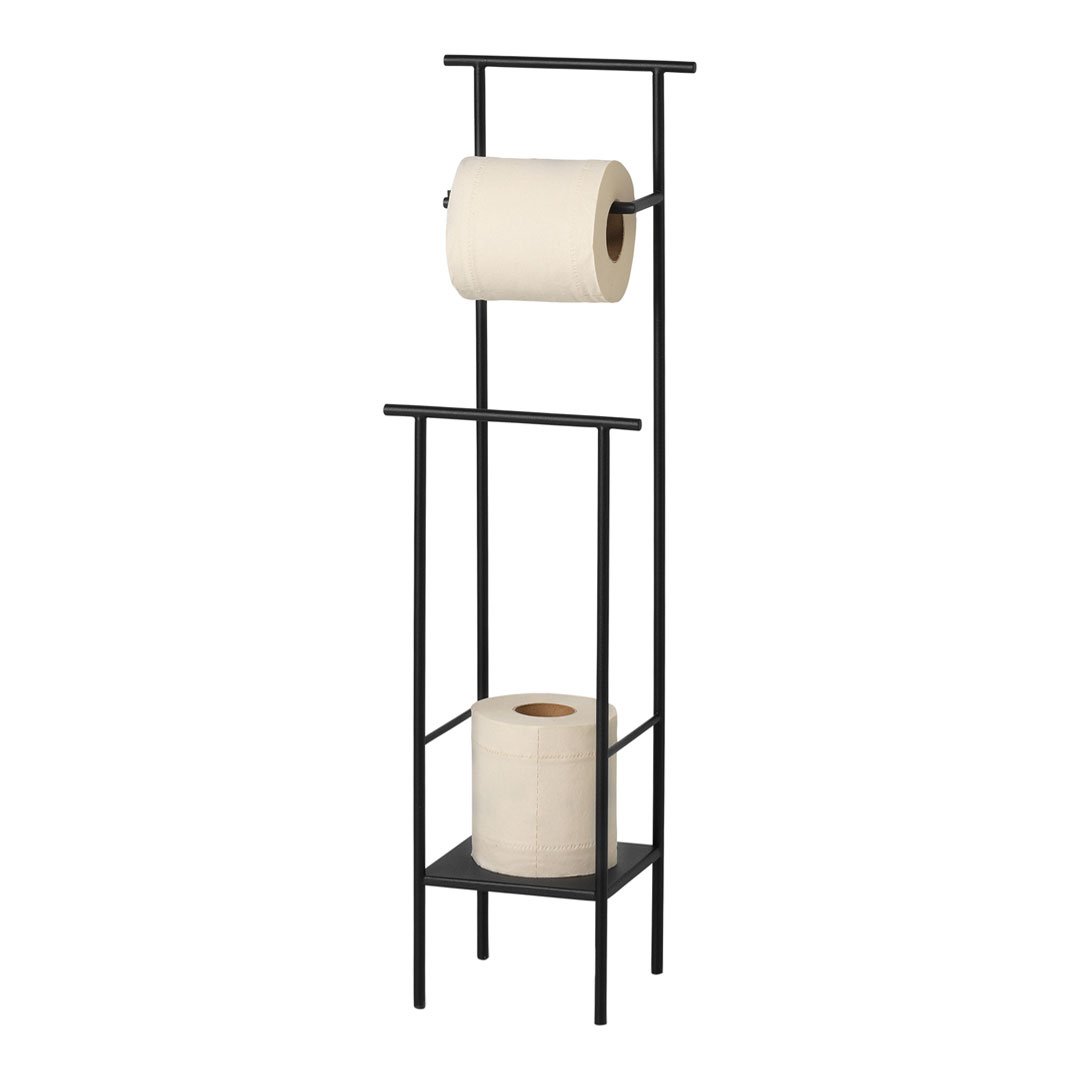 Black metal toilet paper holder with cream rolls, featuring a minimalist design and modern aesthetic.