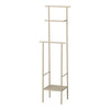 Beige metal standing shelf with a minimalist design, featuring three open shelves and a bottom storage area.