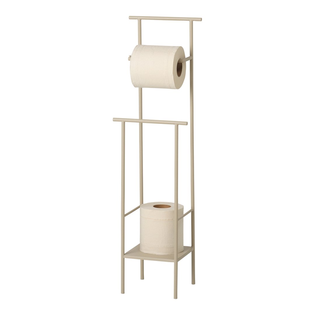Beige toilet paper stand with simple, minimalistic design and smooth, neutral colors. Perfect for modern bathrooms.