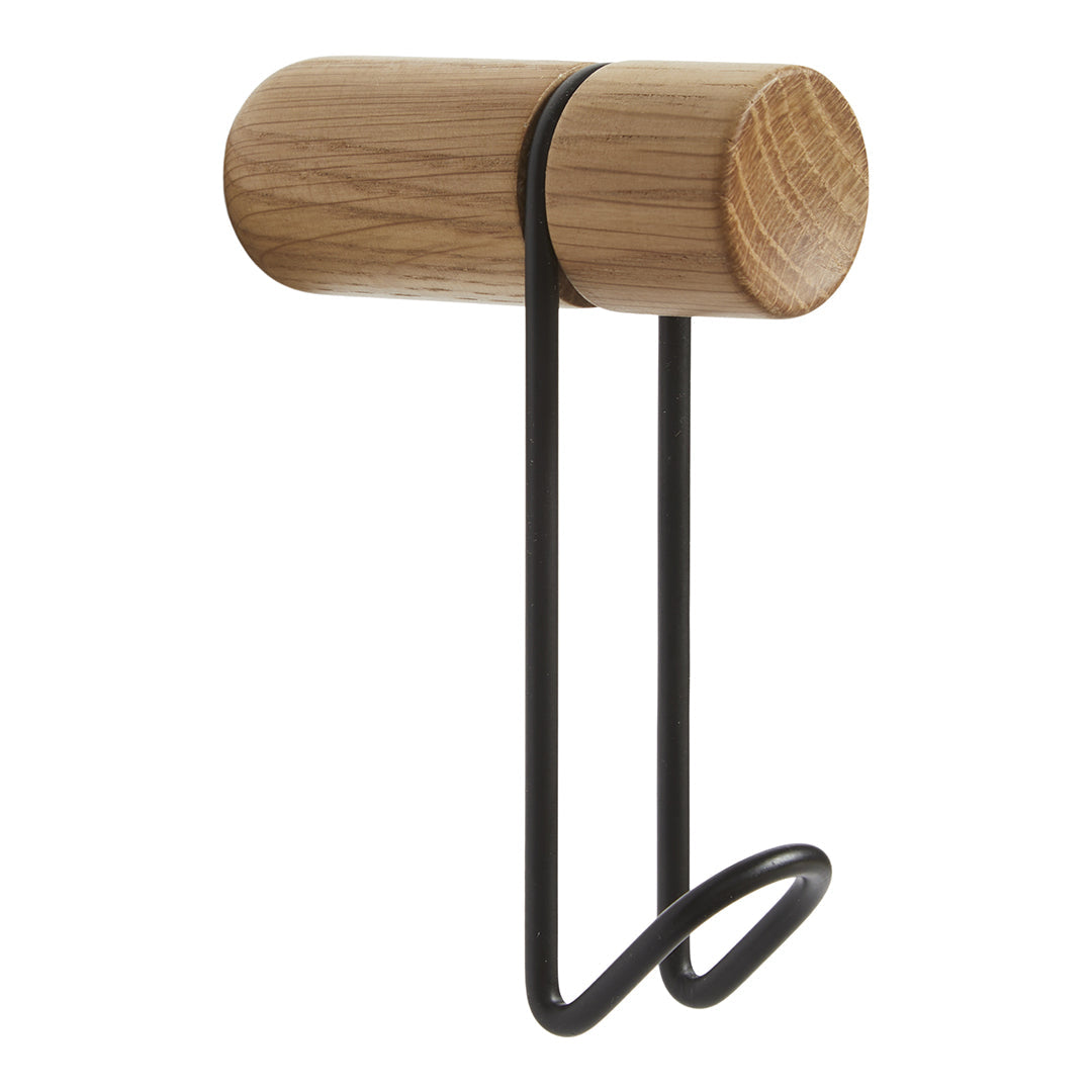 Natural wood grain with a light oak finish and sleek black metal hook design, creating a modern contrast.