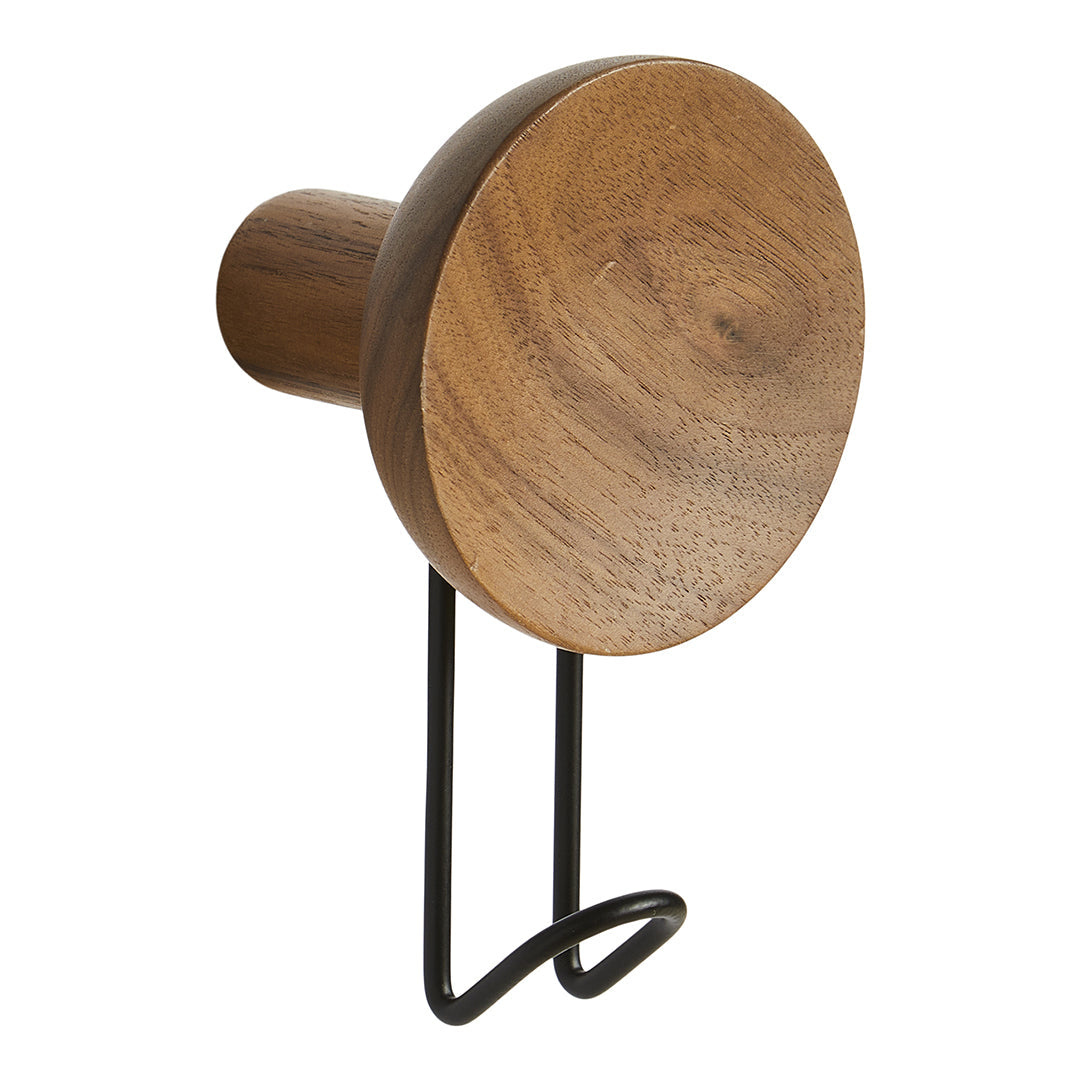 Round wooden wall hook in warm brown finish with a sleek black metal base, featuring a natural wood grain pattern.