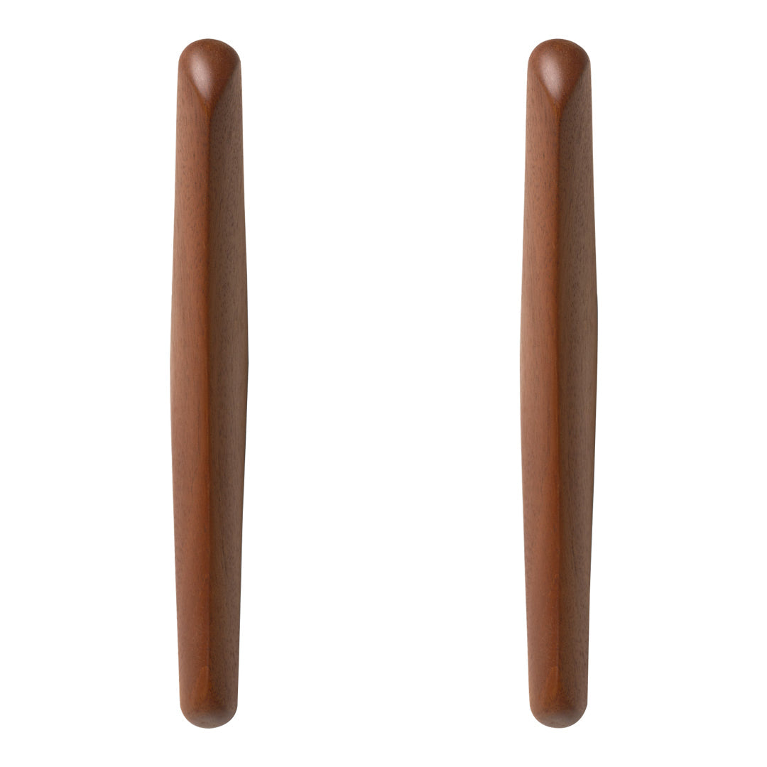 "Set of two elongated wood handles in rich brown, featuring a smooth, minimalist design."