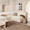 Beige sectional sofa with plaid and solid throw pillows, light wood coffee table, and textured beige rug.