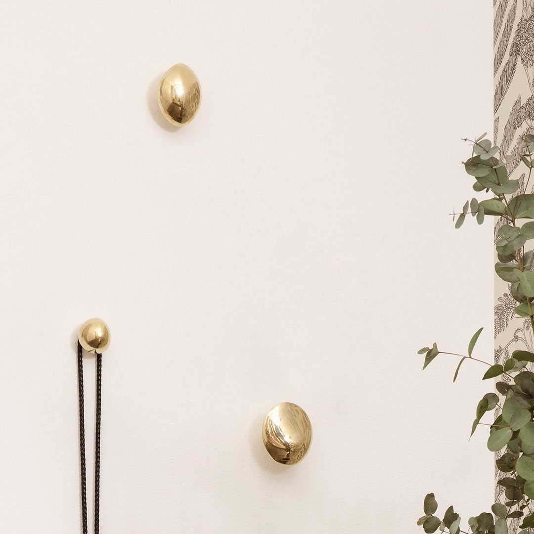 "Brass wall hooks in varied shapes against a light, textured cream wall, complemented by green foliage."