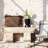 Brown polka dot patterned pillow with fringe on a stone bench, featuring a black planter and a green cactus.