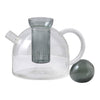 Clear glass teapot with gray accents and a sleek, modern design featuring a rounded shape and a matching ball.