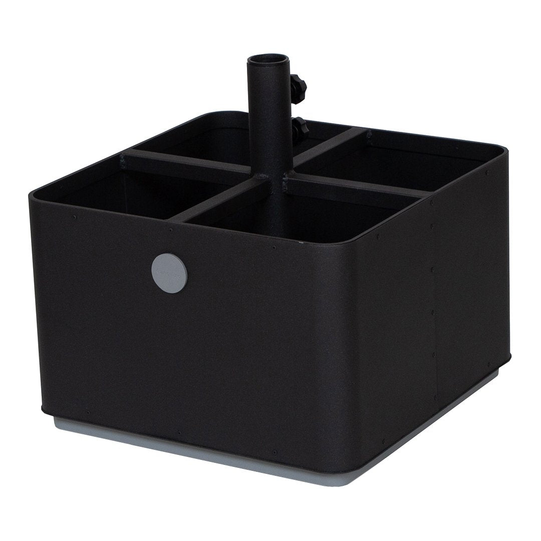 Black square organizer with a sleek design and divided sections, featuring a matte finish and subtle gray accents.