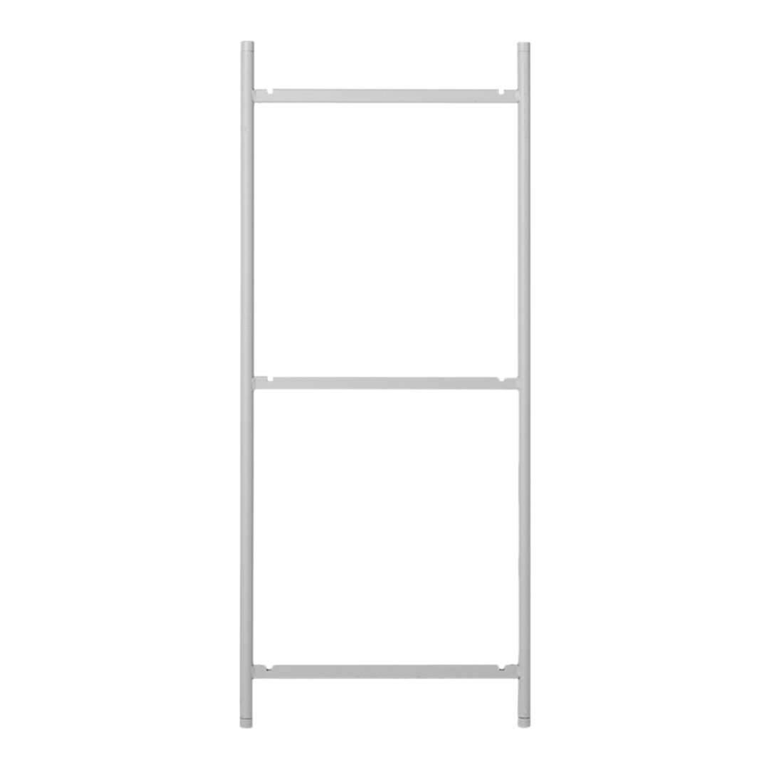 Sleek white metal shelving unit with a minimalist design, featuring three open shelves and a smooth finish.