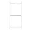 Sleek white metal shelving unit with a minimalist design, featuring three open shelves and a smooth finish.