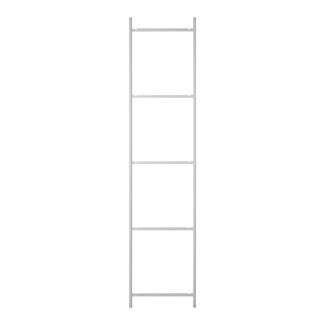 Sleek white ladder shelf with four open spaces, perfect for a minimalist decor.