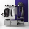 "Gray clothing rack with assorted garments, purple wall backdrop, and silver storage bins for a modern look."