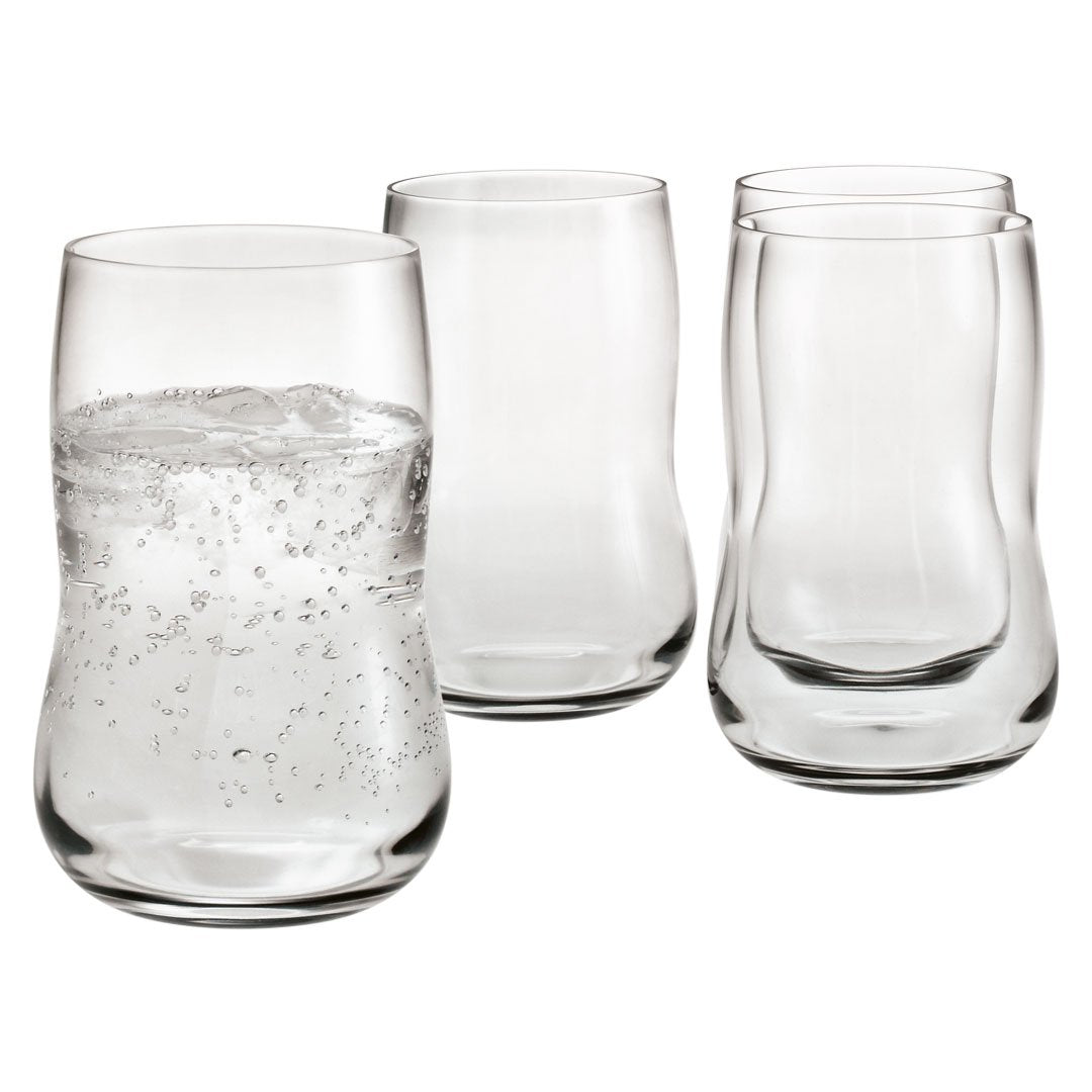 Set of four clear, curved drinking glasses showcasing smooth, transparent design with no patterns or colors.