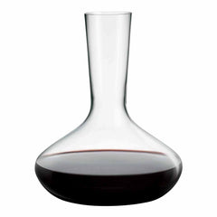 Elegant glass wine decanter with a clear body and rich red wine, featuring a smooth, modern silhouette.