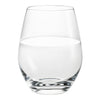 Clear glass tumbler with a smooth, minimalist design, showcasing its transparency and elegant curves.