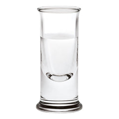 Clear glass shot glass with a smooth, modern design and subtle curves, ideal for serving drinks.