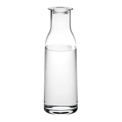 Clear glass water carafe with a smooth, sleek design, featuring a simple and elegant silhouette.