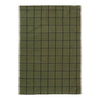 Olive green tablecloth with a black grid pattern and fringed edges. Perfect for rustic dining settings.