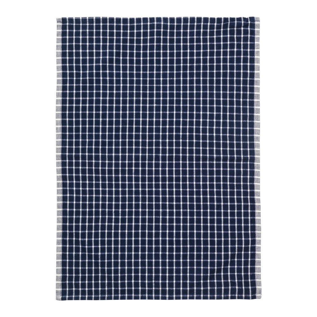 Navy blue and white checkered pattern cloth with a bordered edge. Perfect for home decor or kitchen use.