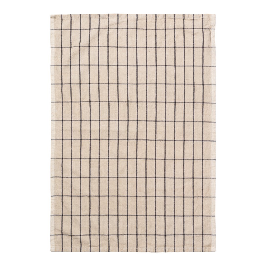Beige kitchen towel with a classic black grid pattern, perfect for adding a touch of style to any home decor.