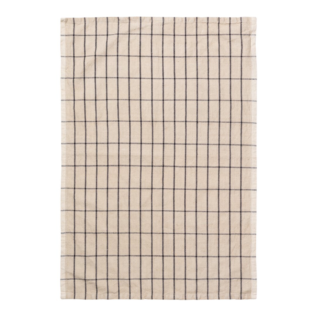Beige grid patterned fabric with dark brown lines, perfect for home decor and textile projects.