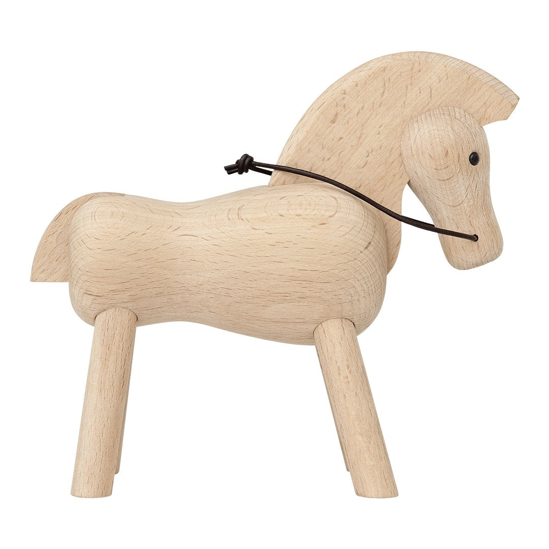 Natural wood horse toy in light beige, featuring a simple, smooth design with a dark brown string detail.