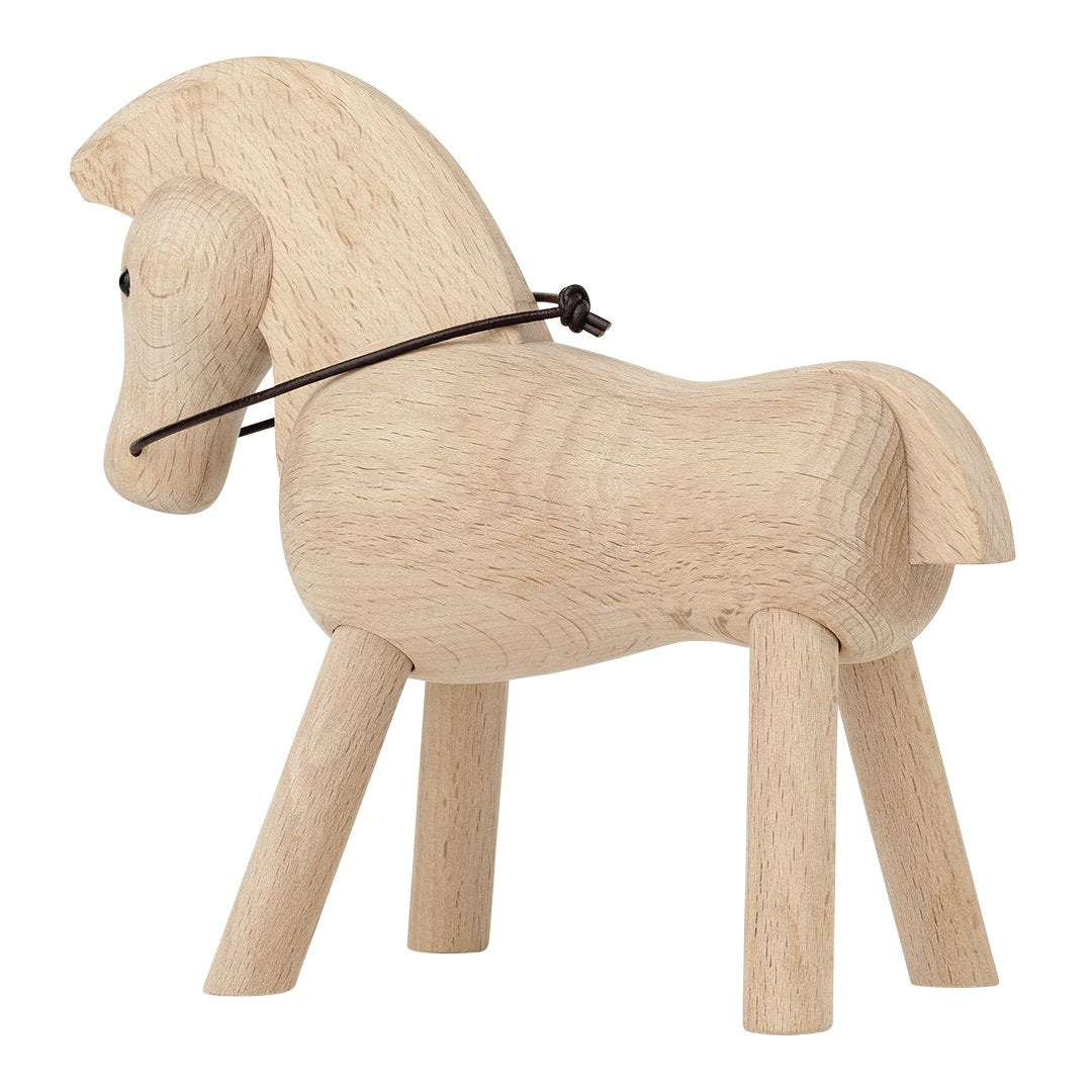 Natural wood horse figurine with a smooth finish, featuring light beige tones and minimalist design.