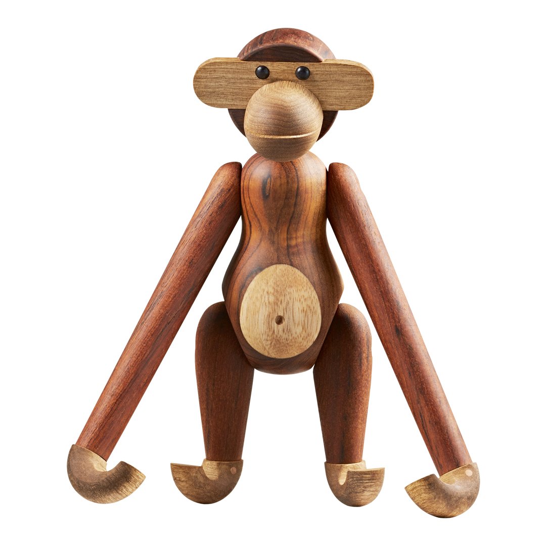 Wooden monkey figure in rich brown tones with natural wood grain patterns and smooth finishes. Ideal for decor.