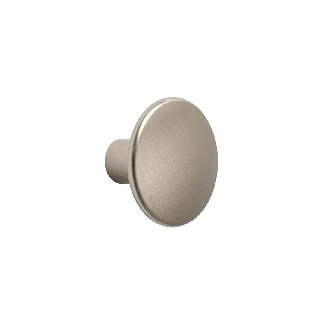 Brushed nickel round cabinet knob with a smooth, matte finish. Elegant and modern design for contemporary decor.