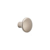 Brushed nickel round cabinet knob with a smooth, shiny finish and minimalist design. Perfect for modern interiors.