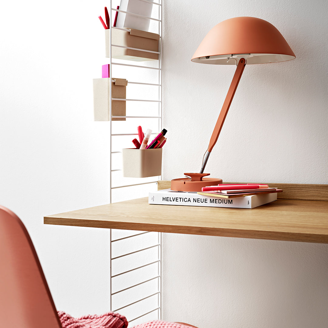 "Trendy peach desk lamp and accessories on a wooden desk, accented with coral and blush tones against a minimalist white background."