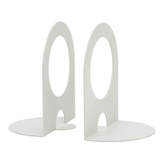 White bookends with smooth, minimalist curves and circular cutouts. Sleek and modern design suitable for various decor styles.