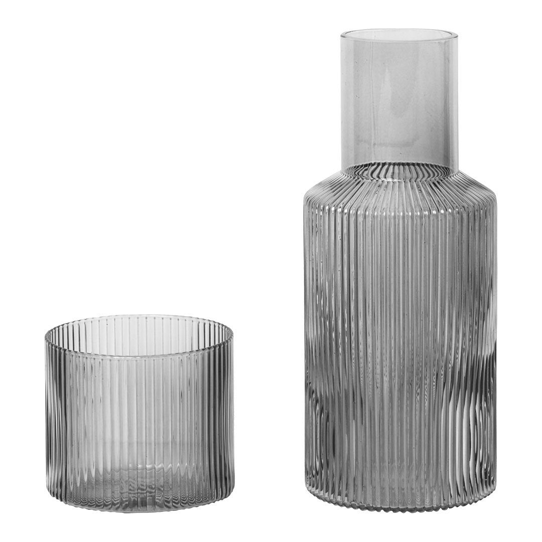Gray ribbed glass vase and tumbler set, featuring elegant vertical stripes for a modern look.
