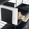 Modern black and white design with soft gray and beige accents, featuring sleek geometric patterns.