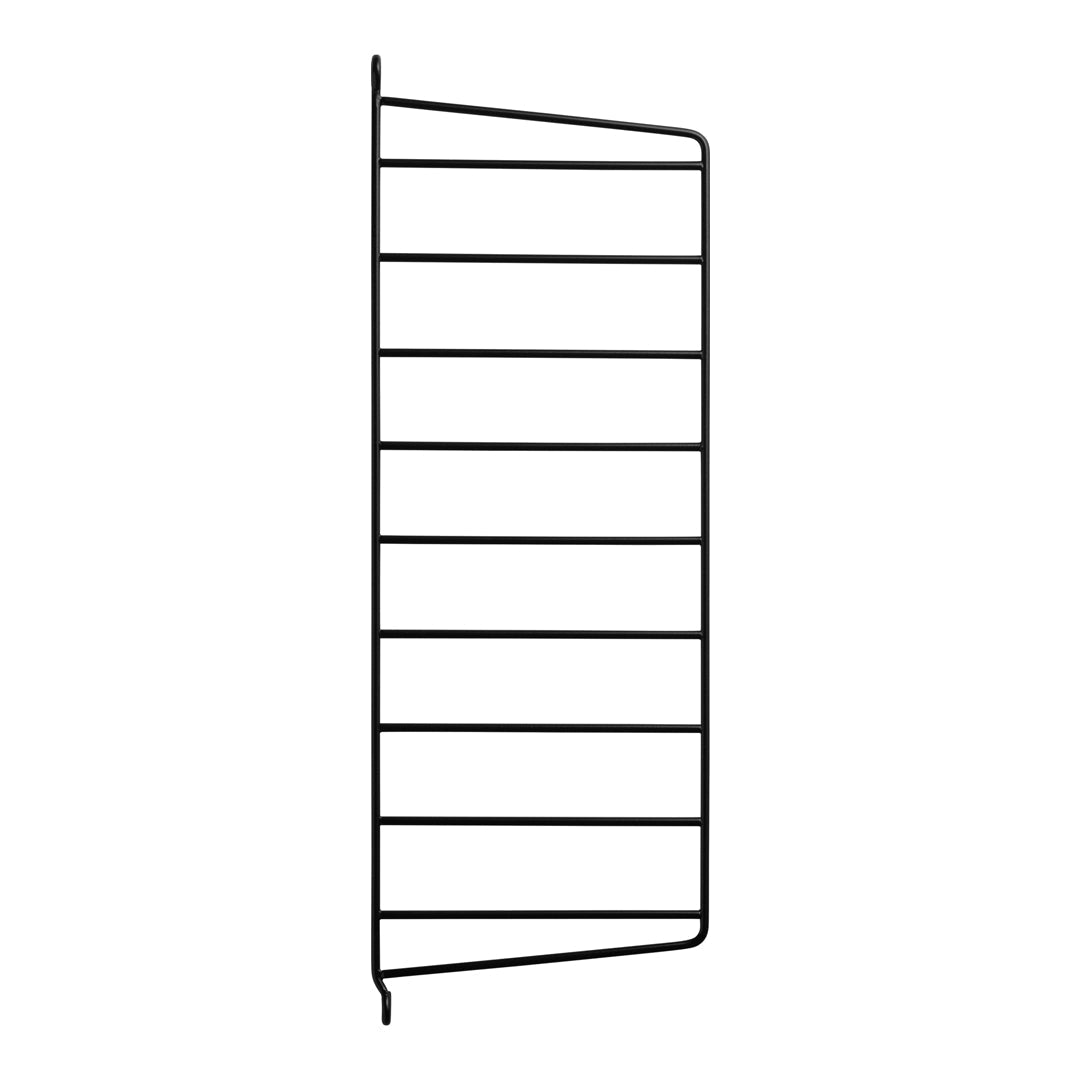 Black metal wall rack with a minimalist design and horizontal slats for versatile storage.
