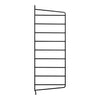 Black metal wall rack with a minimalist design and horizontal slats for versatile storage.