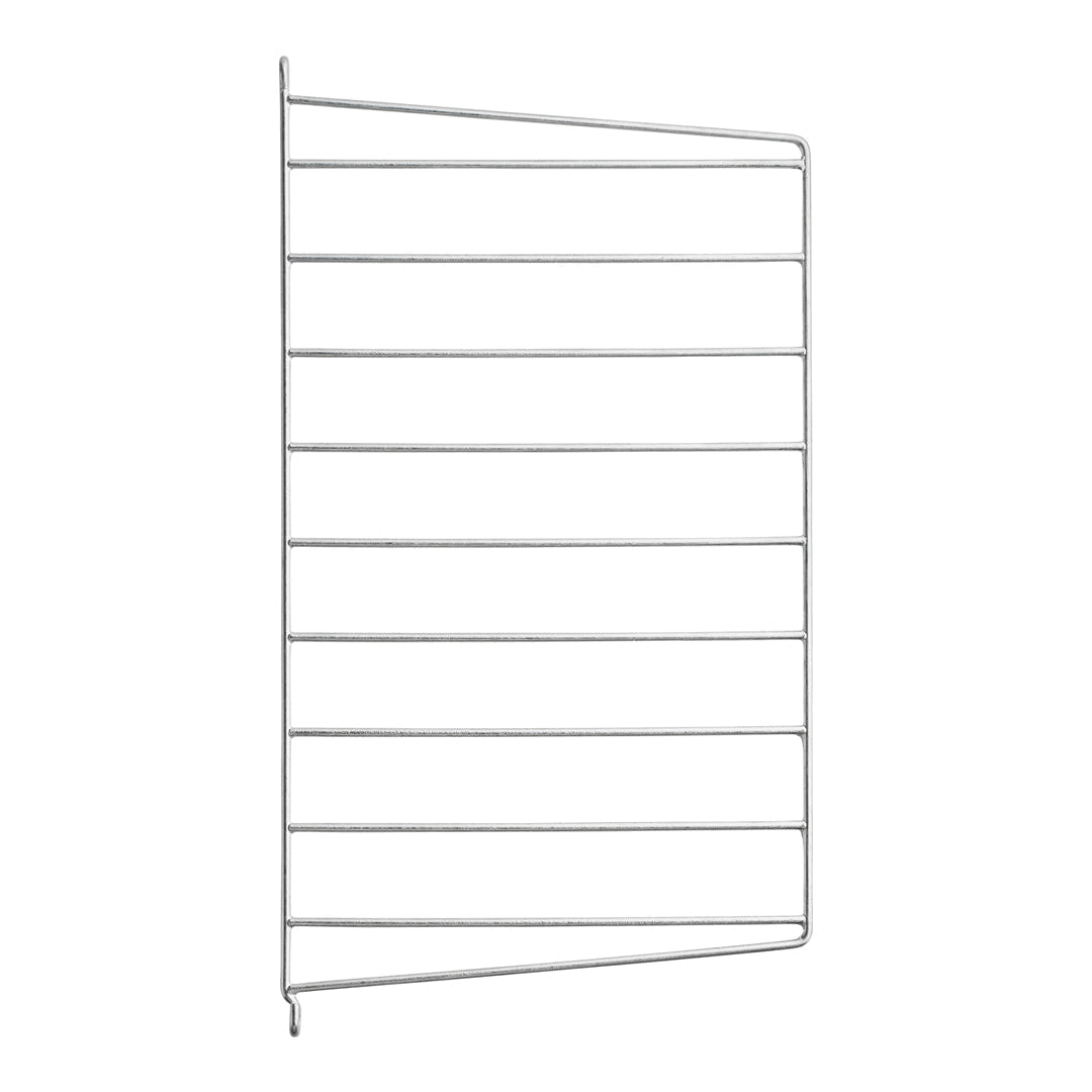Silver wire rack with horizontal bars in a sleek, minimalist design. Ideal for modern storage solutions.