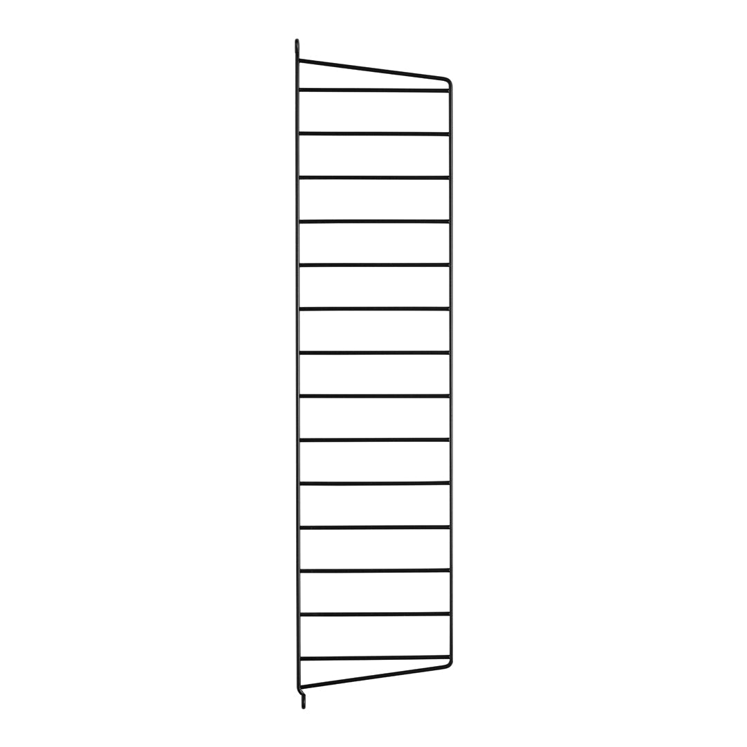 Black vertical storage rack with multiple slatted shelves for efficient organization. Ideal for maximizing space.