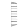 Black vertical storage rack with multiple slatted shelves for efficient organization. Ideal for maximizing space.