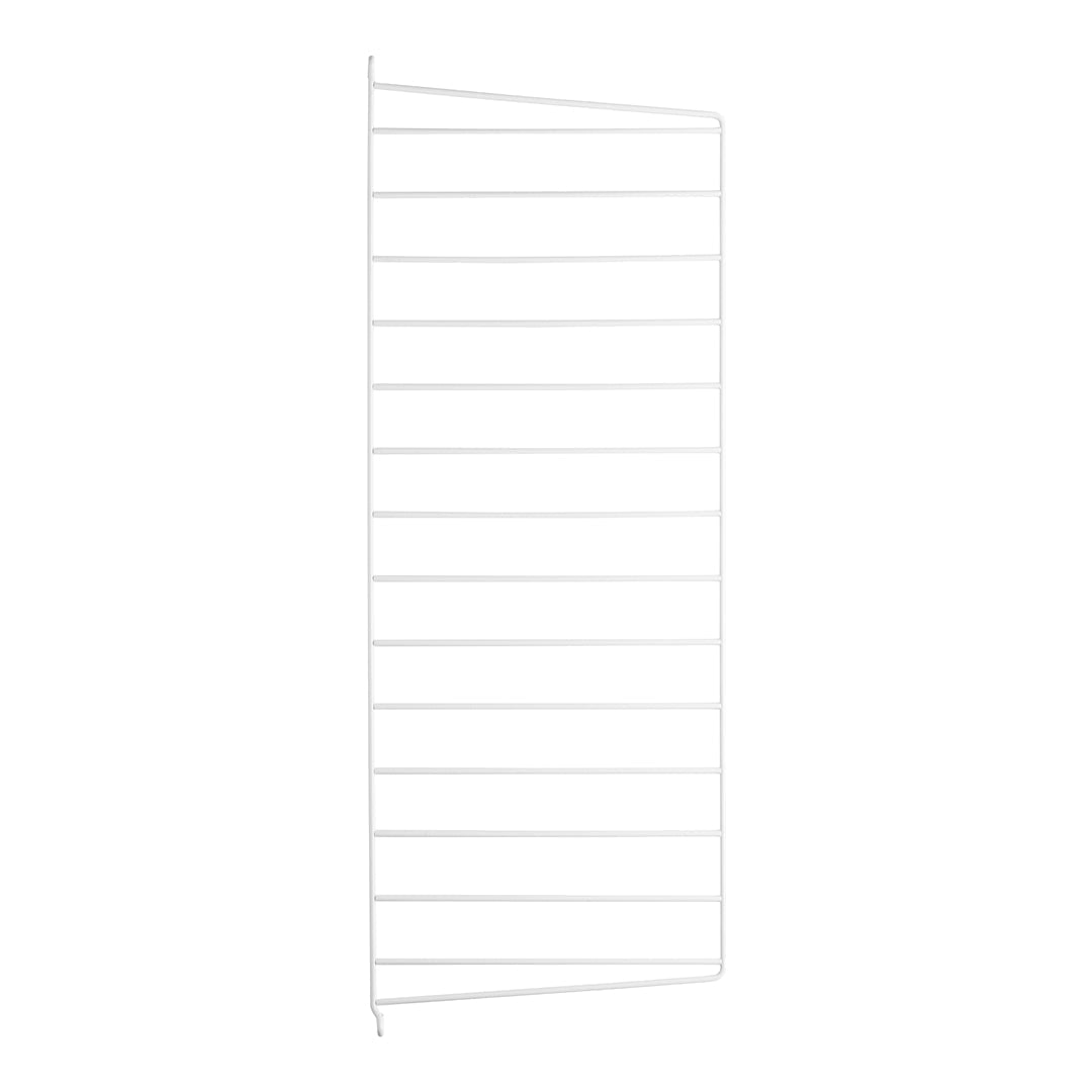 White metal shelving unit with horizontal lines and a sleek, minimalist design. Ideal for modern storage solutions.