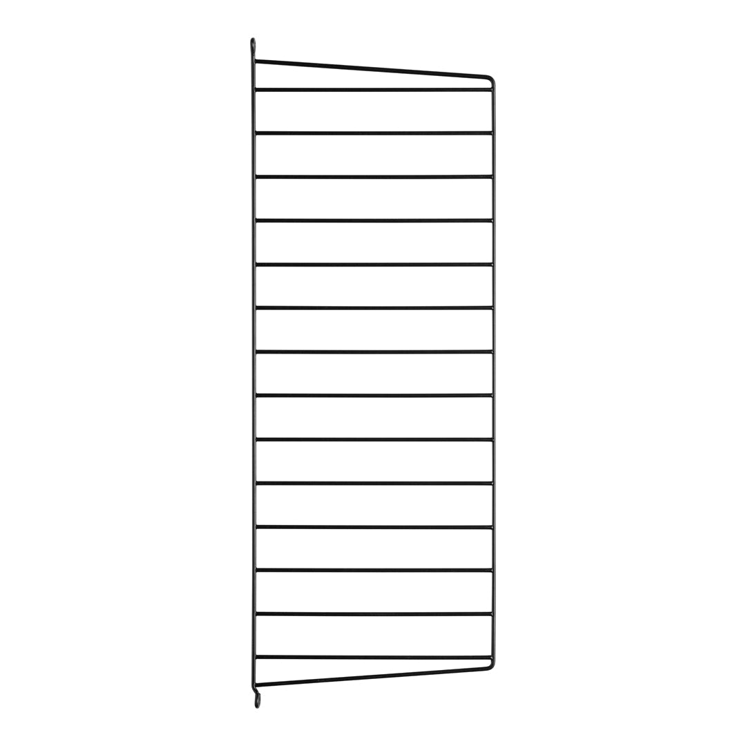 Black vertical wire rack with evenly spaced horizontal lines, featuring a minimalist design. Perfect for stylish organization.